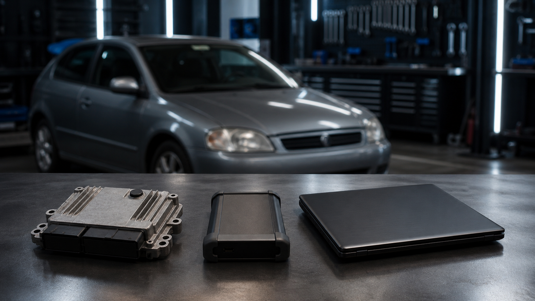 Sealed older engine control module, unbranded programmer and closed laptop prepared beside a compact car in an electronics workshop