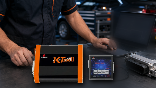 Conceptual workshop composite with the owner-provided KT200II main unit and Bench Box on a technician’s workbench during software-launch diagnosis; not a test photo or wiring reference