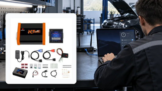 Owner-supplied KT200II full kit photograph beside a conceptual workshop background showing laptop time and network checks, not a test photo or wiring reference