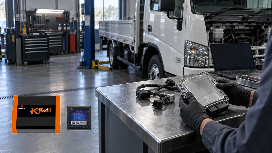 Owner-supplied KT200II main unit and Bench Box beside a generic commercial-truck ECU workshop in a conceptual illustration, not a test photo or wiring reference