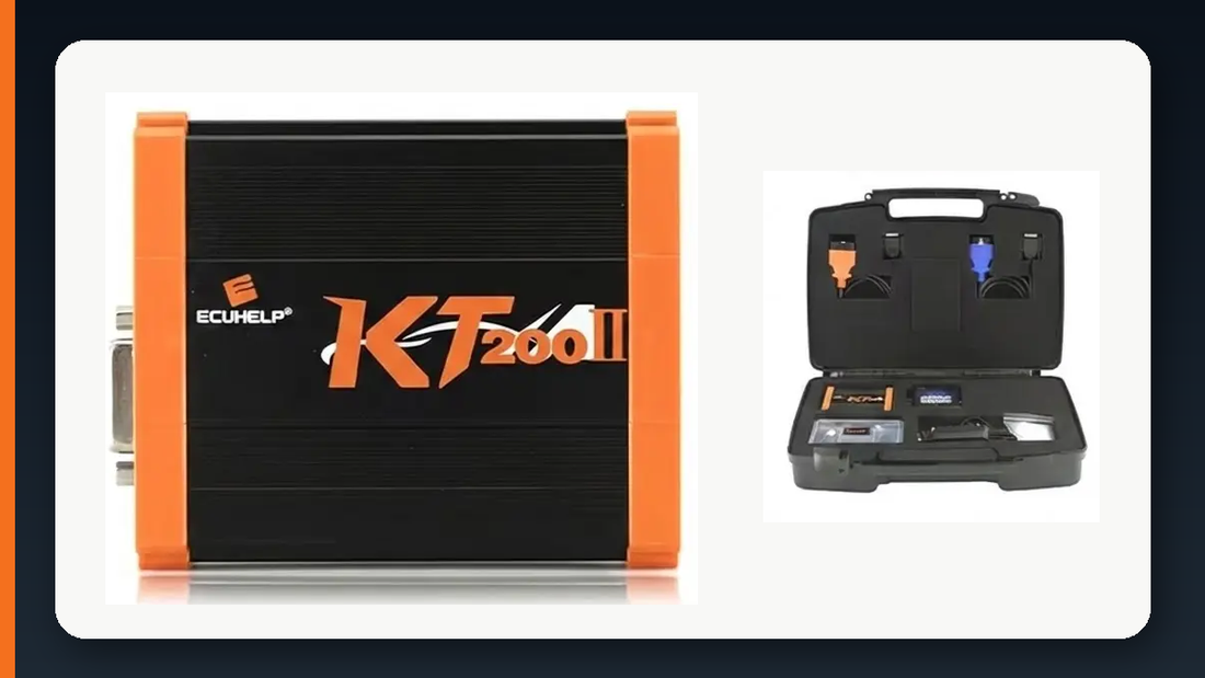 Genuine KT200II main unit beside its open fitted carrying case on a clean white product card