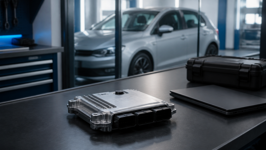 Sealed silver ECU, closed laptop and rugged interface case prepared beside a compact hatchback