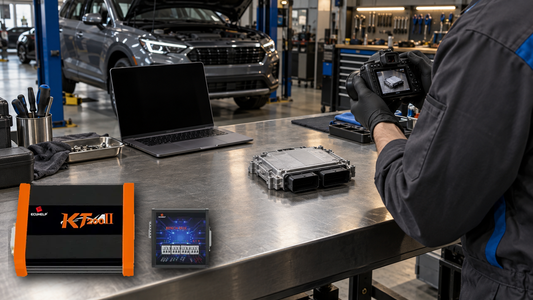Conceptual workshop composite showing the owner-supplied KT200II main unit and Bench Box beside a technician documenting a sealed control module; not a test photo or wiring reference
