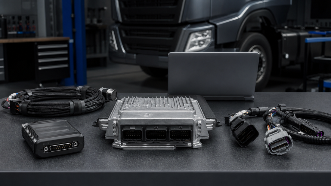 Unbranded heavy-duty truck control unit centered on a clean electronics bench with a diagnostic interface, coiled harnesses and a blank laptop