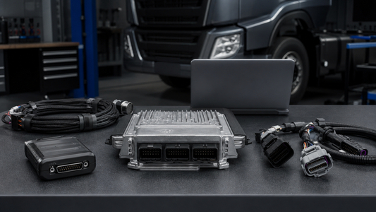 Unbranded heavy-duty truck control unit centered on a clean electronics bench with a diagnostic interface, coiled harnesses and a blank laptop