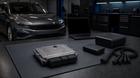 Sealed legacy diesel ECU positioned between a vehicle and a capped bench-programming setup to compare OBD and bench access