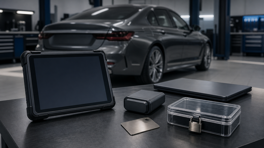 Blank diagnostic tablet, covered communication interface and locked credential case prepared beside an unbranded premium sedan