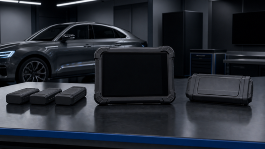 Powered-off diagnostic tablet and sealed pass-through interface arranged beside generic communication modules in a vehicle validation lab