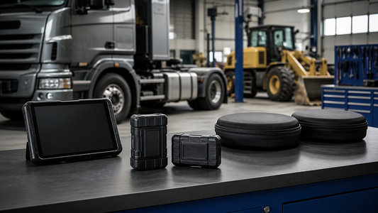 Powered-off diagnostic tablet and sealed network interface cases in a heavy-truck and construction-equipment workshop