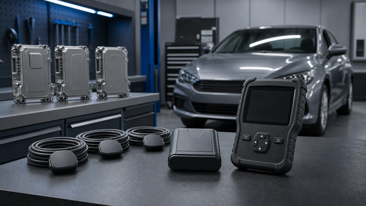 Unbranded OBD scan tool and covered communication interface beside a generic vehicle and several sealed legacy-protocol modules