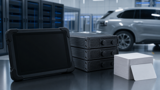 Dark-screen diagnostic tablet beside sealed data modules and blank index cards in a vehicle validation lab