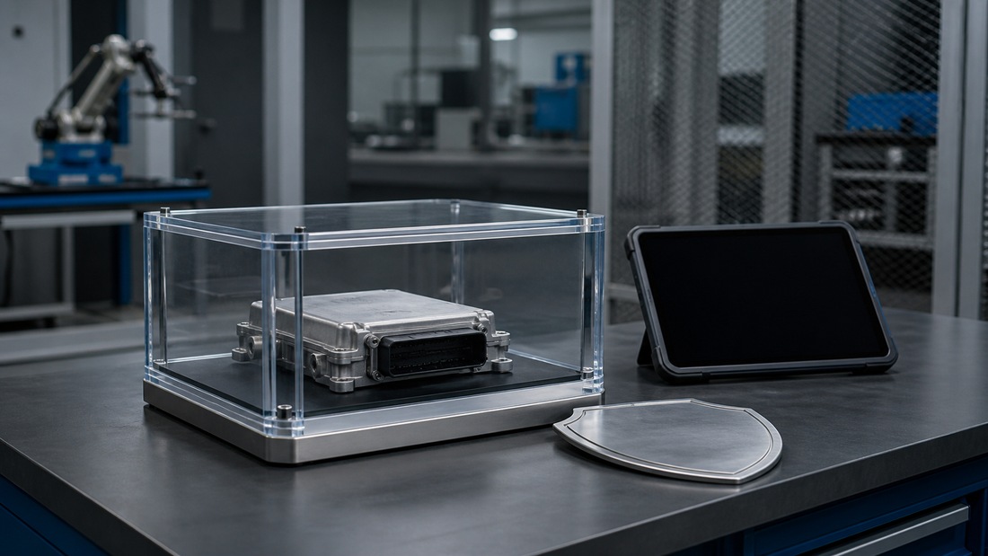 Sealed automotive control module protected inside a clear test enclosure beside a powered-off tablet and metal shield