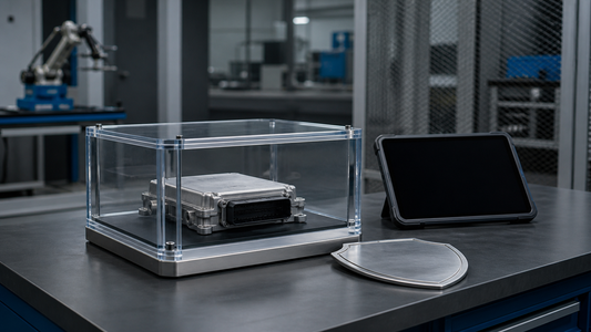 Sealed automotive control module protected inside a clear test enclosure beside a powered-off tablet and metal shield