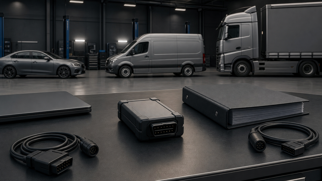 Unbranded diagnostic interface and blank standards binder on a workshop bench with passenger car, van and heavy truck in the background