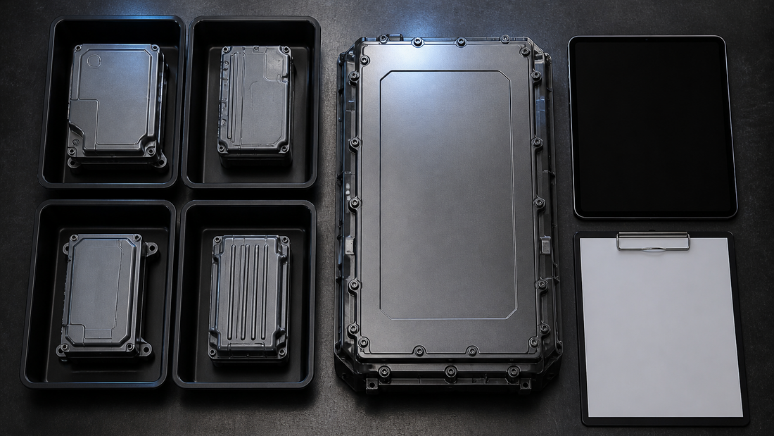Central vehicle controller flanked by four smaller sealed modules, a dark tablet and blank clipboard on a workshop bench