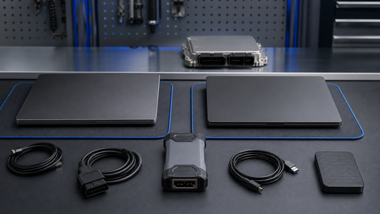 Two closed workshop laptops arranged with a blank communication interface, diagnostic cables and external backup drive for a controlled PC migration