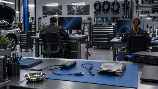 Conceptual automotive electronics workshop with technicians, dark computer screens and disconnected diagnostic hardware; not a test photo or wiring reference