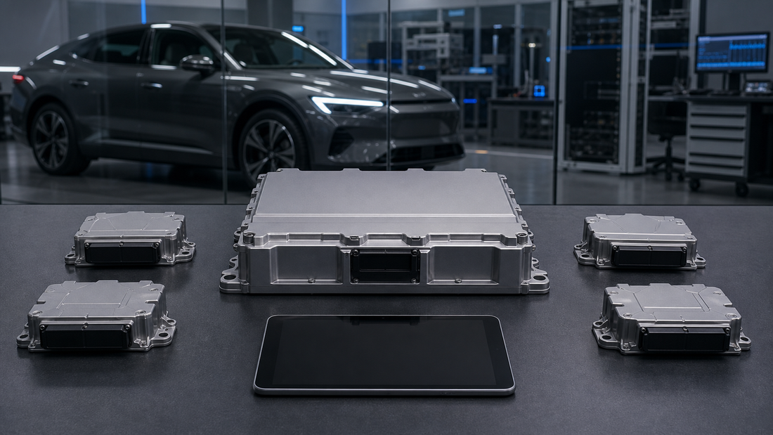 Large central vehicle computer and four sealed zone modules arranged with a powered-off tablet in a modern diagnostics laboratory