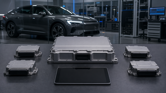 Large central vehicle computer and four sealed zone modules arranged with a powered-off tablet in a modern diagnostics laboratory
